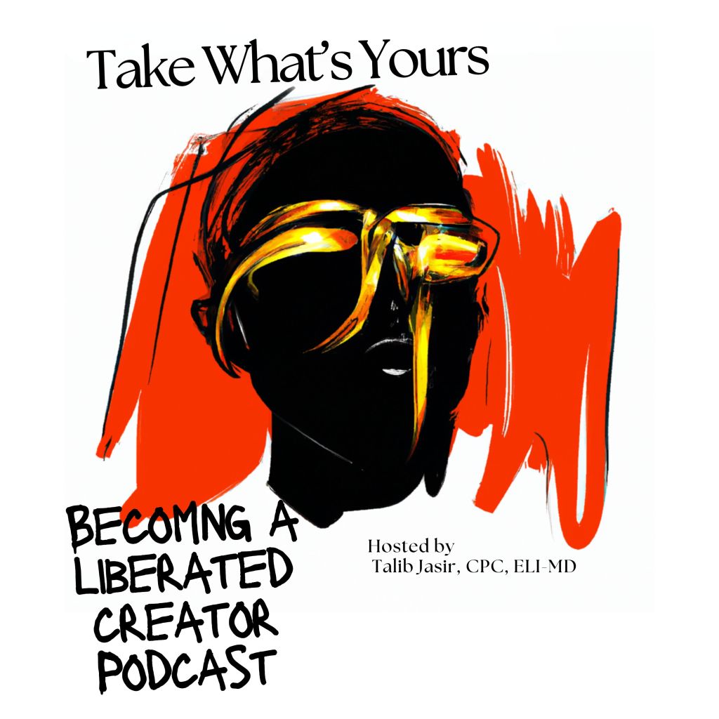 Abstract artwork of a figure in yellow shades on a red and white background with the words “Take What’s Yours: Becoming a Liberated Creator” by Talib Jasir.